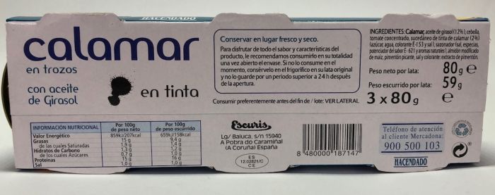 Кальмары в собственных чернилах Испания Hacendado 240гр